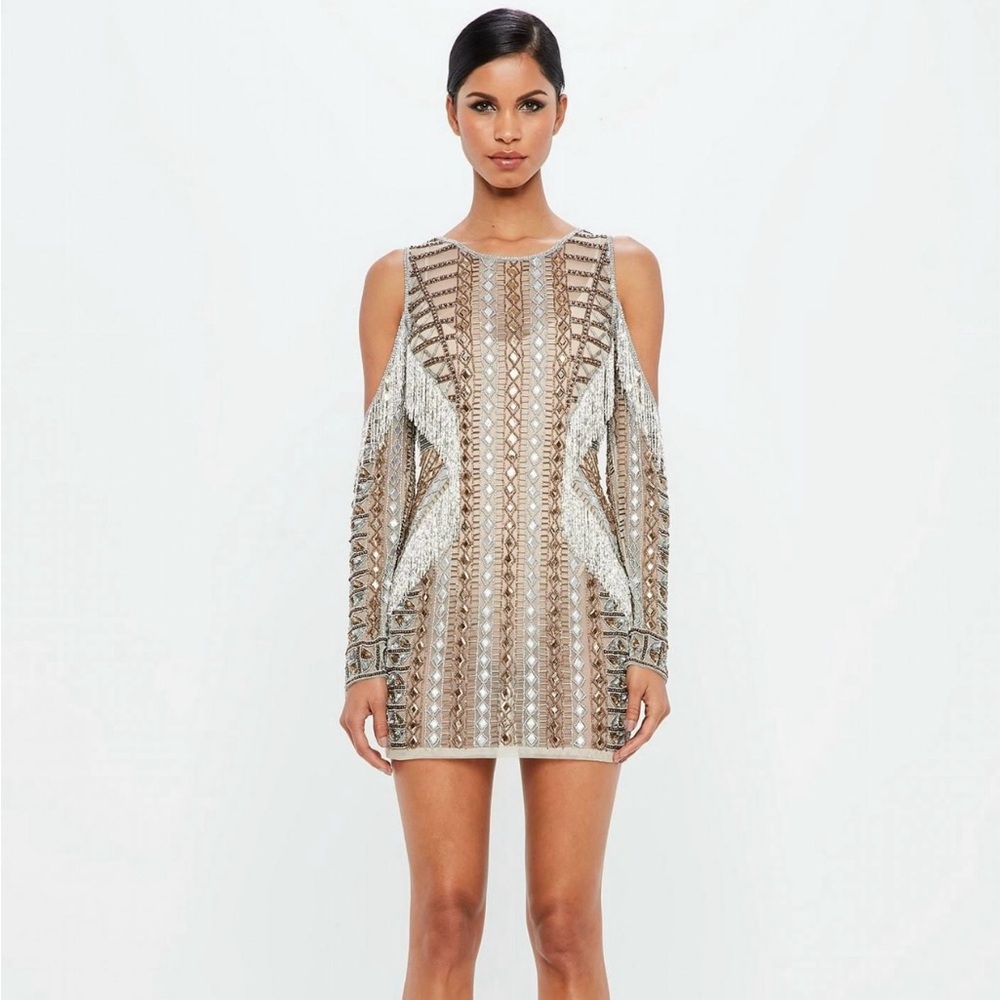 Peace + Love Silver Beaded Cold Shoulder Mini Dress, size 4 (size 8 UK)